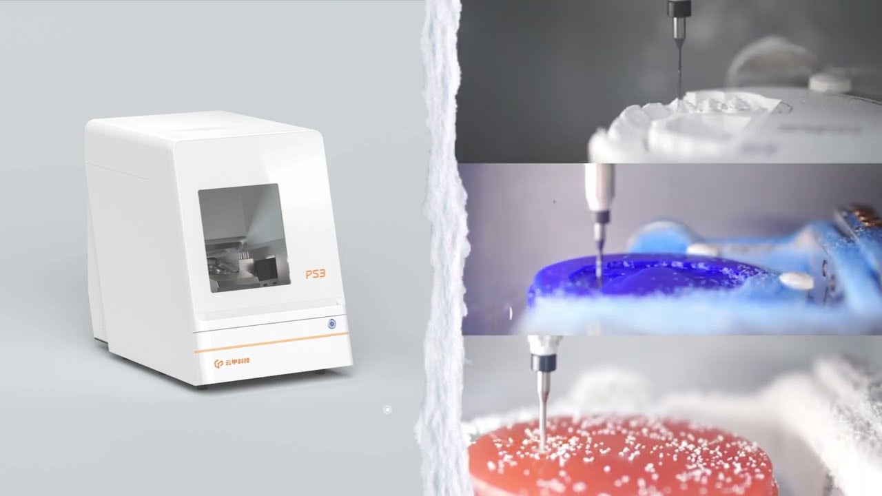 Chairside CAD/CAM dental milling machine fabricating a same-day permanent porcelain crown from a solid ceramic block at Frisco Dental Hub, 4500 Hillcrest Rd Suite 190, Frisco TX 75035