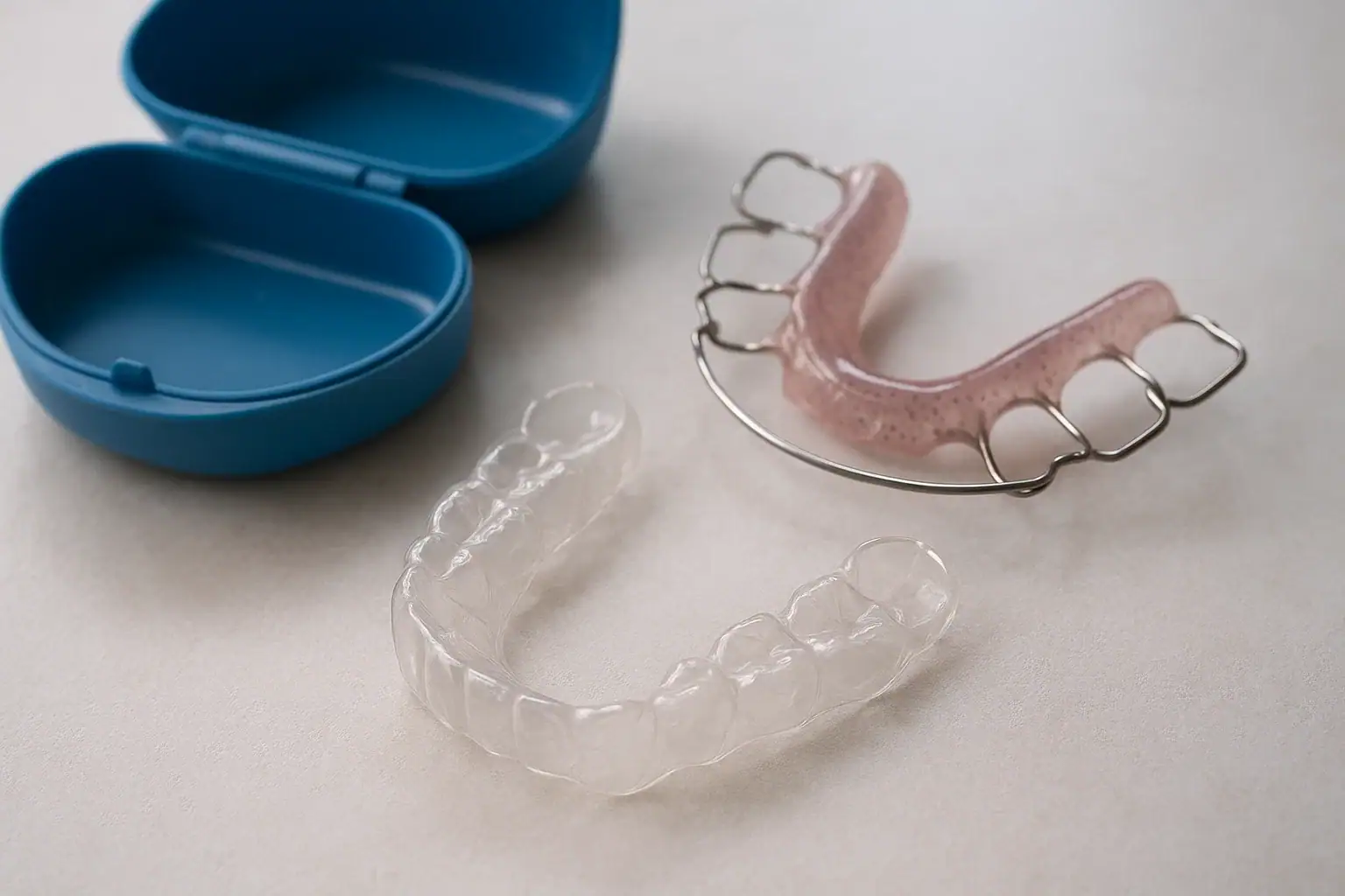 Essix clear retainer and Hawley wire retainer with case — custom replacement retainers at Frisco Dental Hub, Frisco TX 75035
